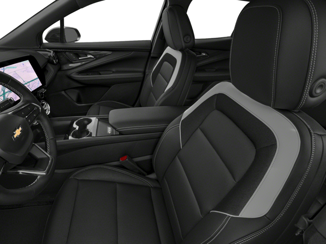 2026 Chevrolet Blazer EV interior front seats featuring black and gray premium upholstery, contoured bucket seats, a modern center console, and a driver-focused cockpit with a digital display