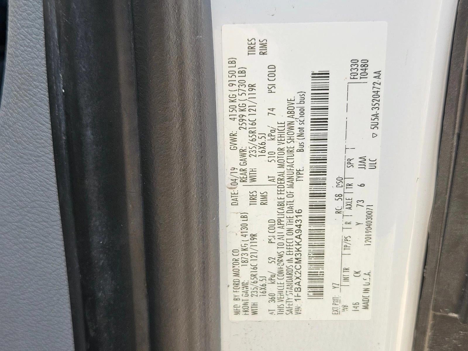 2019 Ford Transit Passenger Wagon T-350 148" Med Roof XL Sliding RH Dr